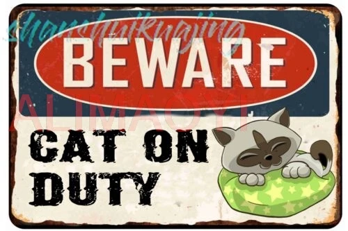 Beware Cat On Duty Fun Humorous Tin Sign 12 x 18 Inches Vintage Novelty sign