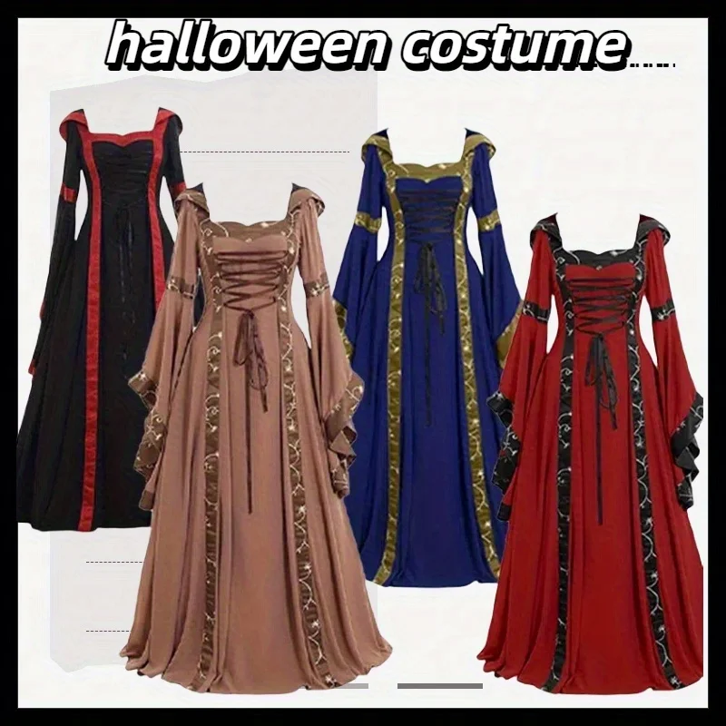 

Halloween Cosplay Women's Medieval Retro Hooded Dress with Square Collar and Flared Sleeves Big Swing Skirt