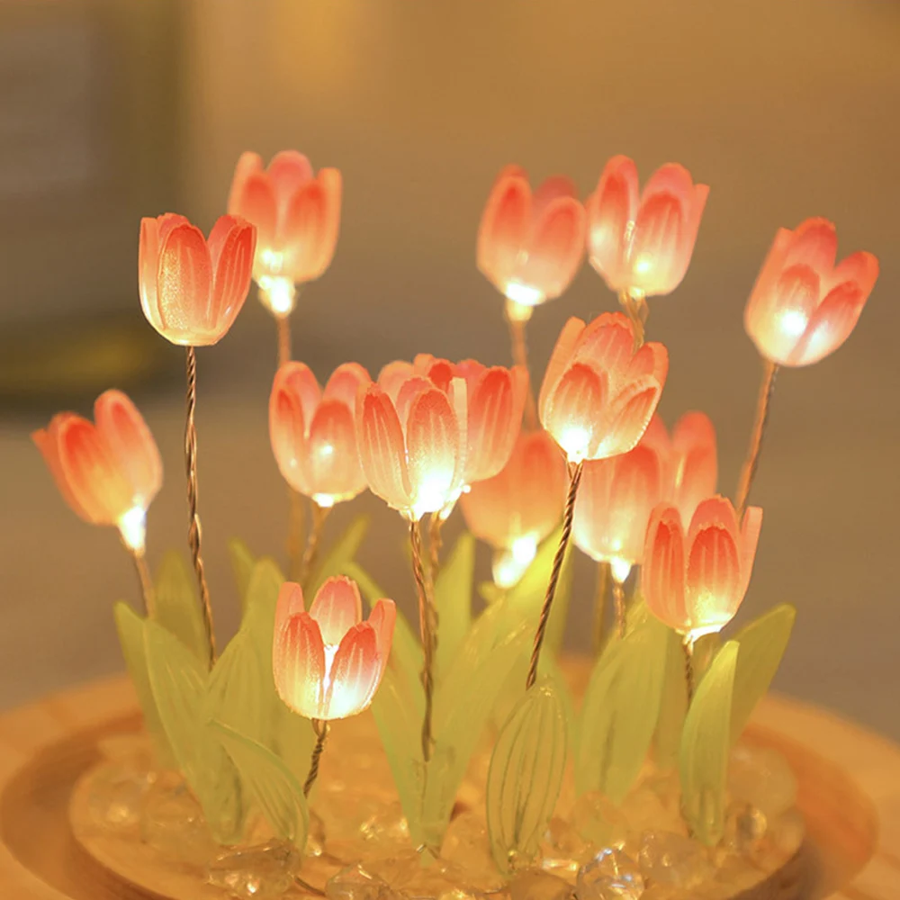 LED Nightlight DIY Material 10PCS Beautiful Tulip Flowers Nightlight Wooden Base And Dome Glass Handmade Gift Battery Operated