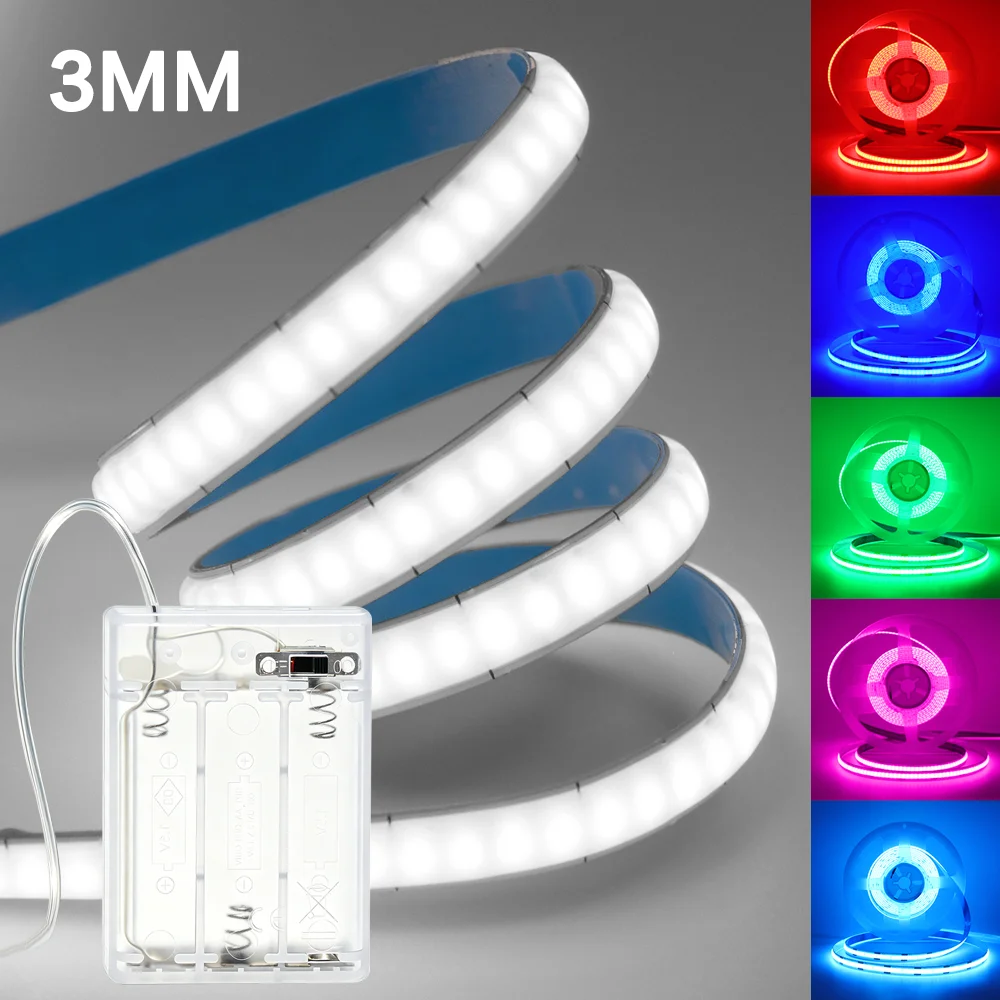 5V COB Led Strip 5MM 320LEDs/M Flexible LED Tape 3AA Battery Box Cabinet Light Warm Natural Cool White TV Backlight