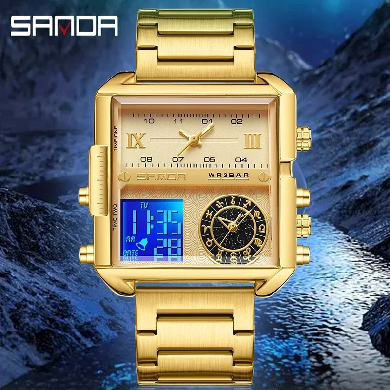 SANDA 2023 Nieuwe multifunctionele drie plaatsen tijd lichtgevend waterdicht horloge luxe gouden herenhorloges quartz horloge digitaal display