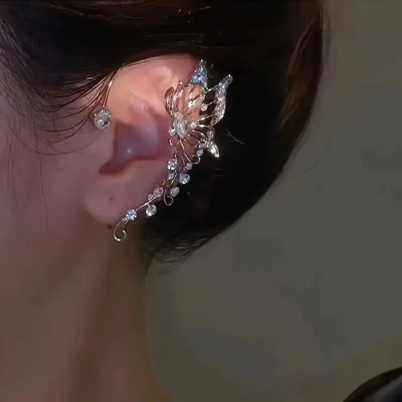 

New super fairy butterfly ear hanging silver elf flash diamond earrings light luxury niche design sense no ear clips