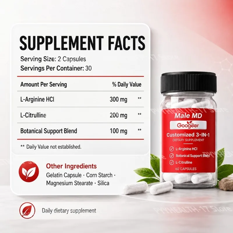 Male MD Customized 3-1 Capsules with L-Arginine HCl and L-Citrulline for Daily Energy and Stamina Support 60 Capsules