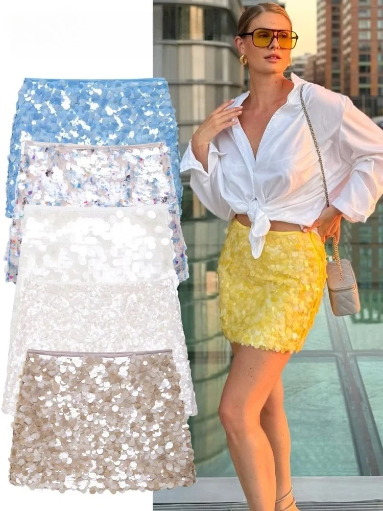 

Elegant Women Solid Sequined Slim Mini Skirt Sparkling Party Style Skirt Female Sexy High Waist Short A-Line Skirt