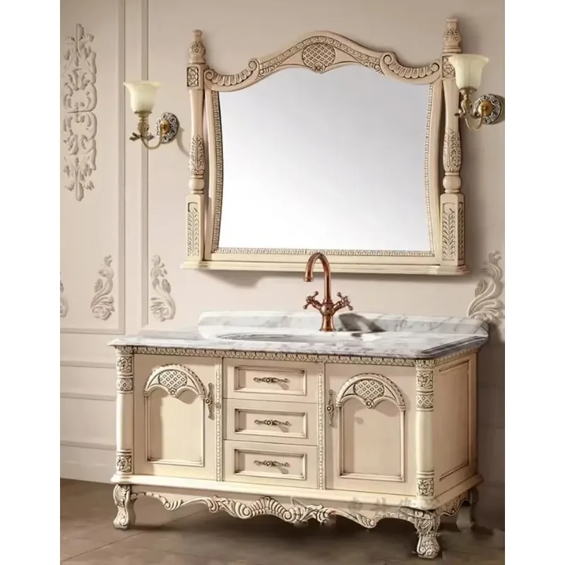 Spot European antique red oak floor-to-ceiling bathroom cabinet marble face wash double basin solid wood bathroom sanitary ware