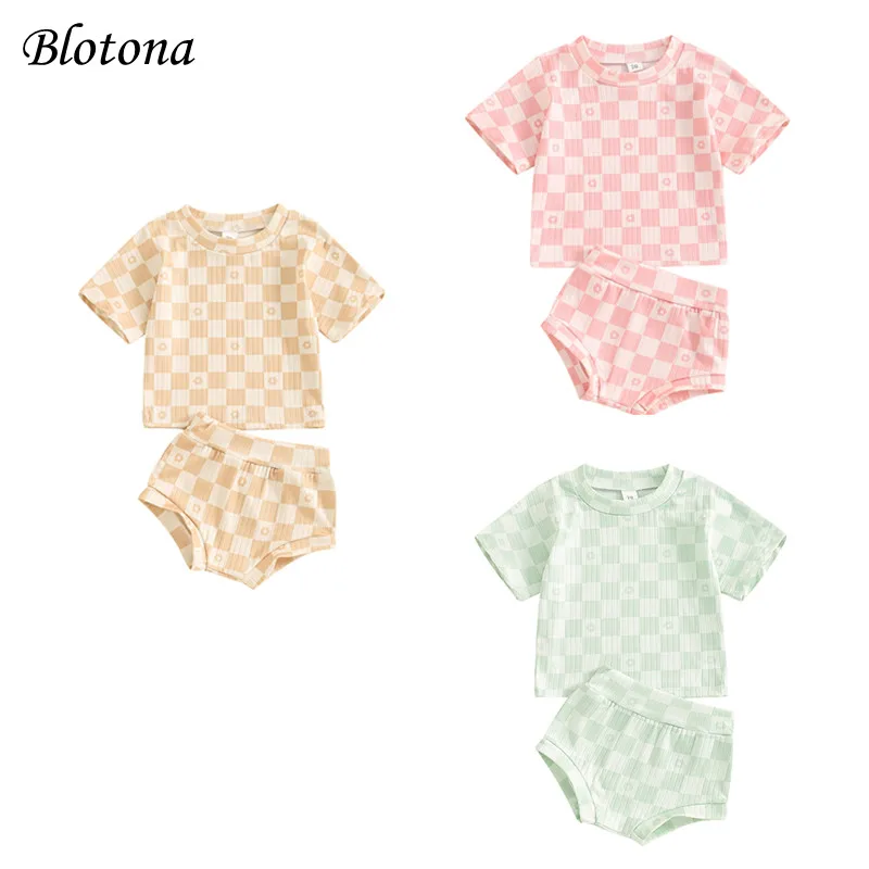 

Blotona Baby Girls Summer Shorts Sets Short Sleeve Checkerboard Print T-shirt Tops PP Shorts Elastic Waist Short Tousers Outfits