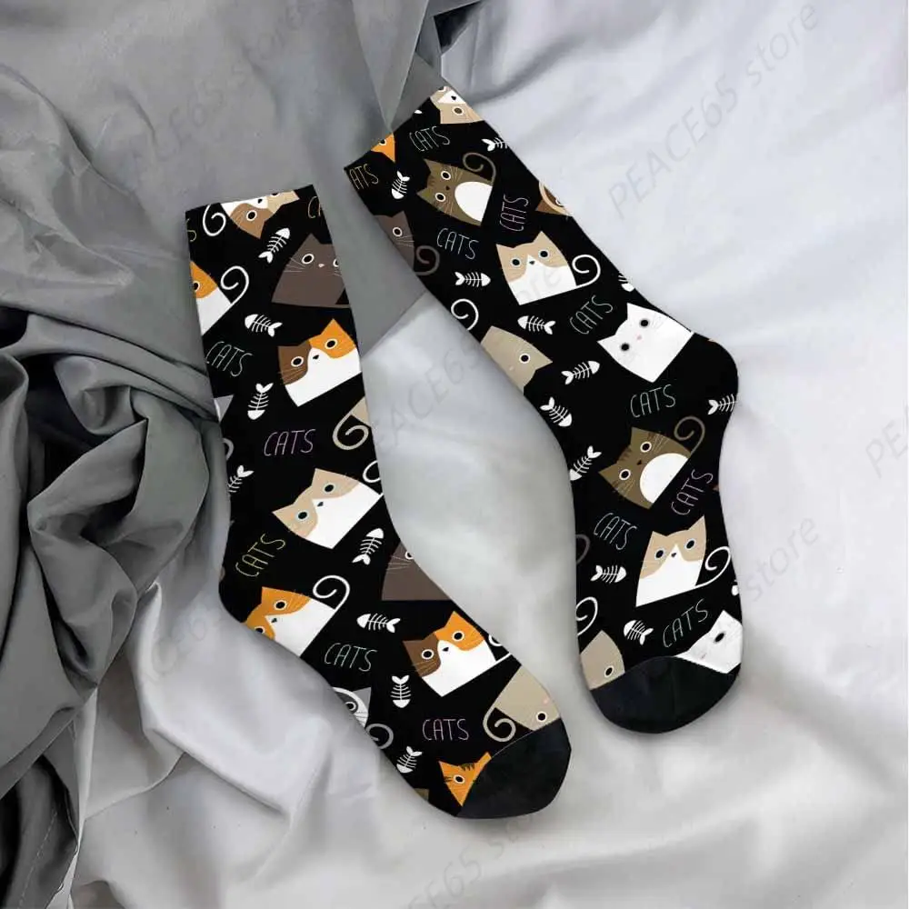 Cat and Fish Bones Mens Fun Dress Socks Cartoon Lovely Animal Cute Funny Adorable Pet for Women Funny Novelty Crazy Design Socks