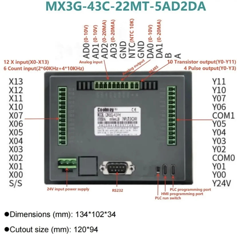 Imagem -02 - Coolmay-plc Hmi Tudo-em-um com Saída de Entrada Analógica Embutida Suporta Modbus Rtu Rs485 Rs232 Mx3g43c Série 70c Ad2da Polegadas Original