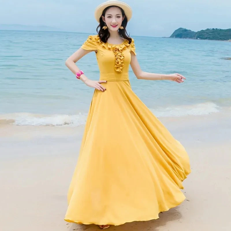 

Chiffon Solid Color Dress Women's 2023 Summer New Bohemian Slim Fit Show Slim Big Swing Beach Long Dress