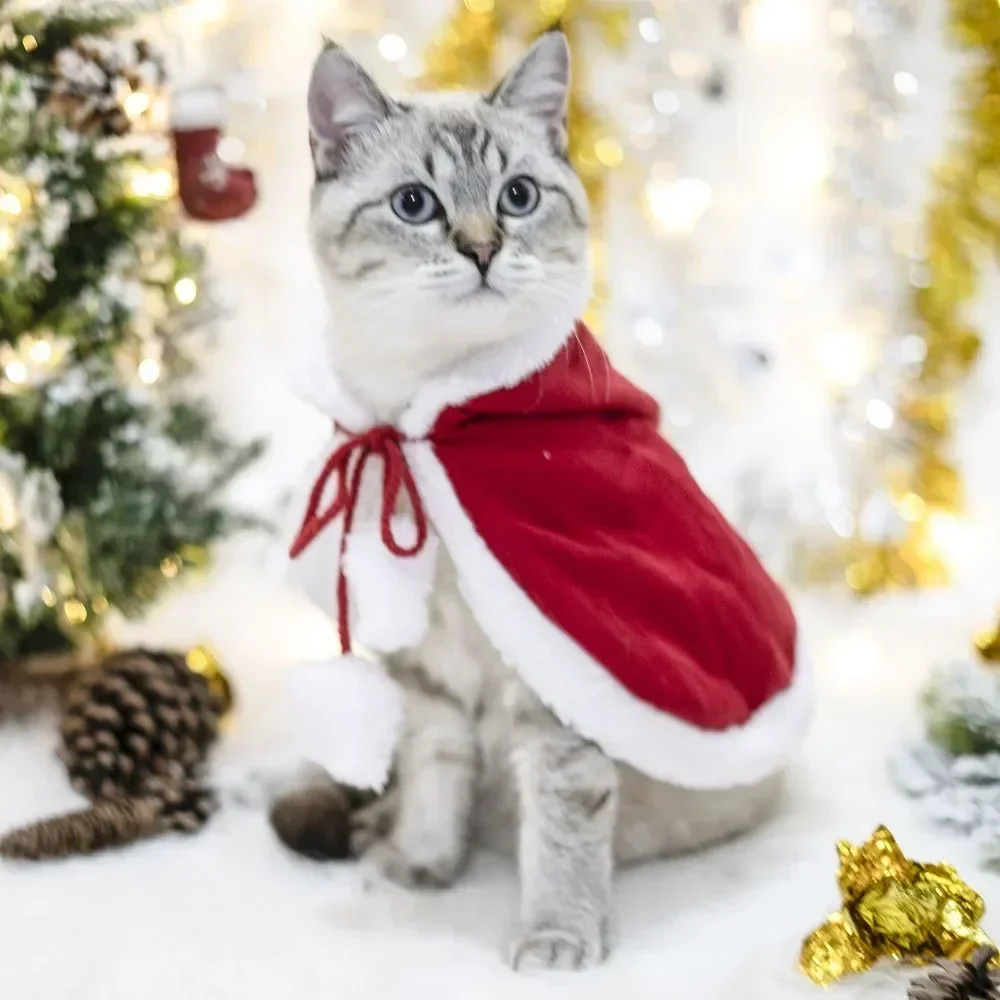 Cat Christmas Hooded Cloak Pet Dog Costume Cape with Hat Cute Kitten Puppy Red Poncho Santa Claus Cosplay Robe for Xmas Party