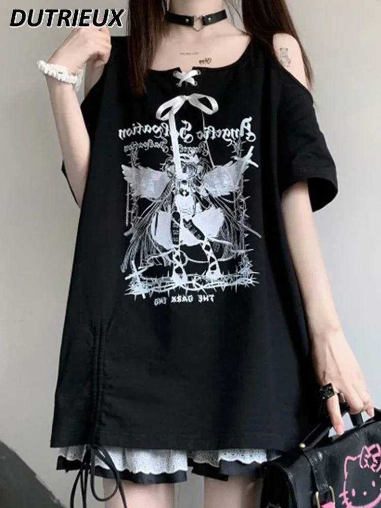 Off-Shoulder Short Sleeve T-Shirt Women's Summer College Style T Shirt Student Japanese Cute Sweet Girls Loose Mid-length Tops