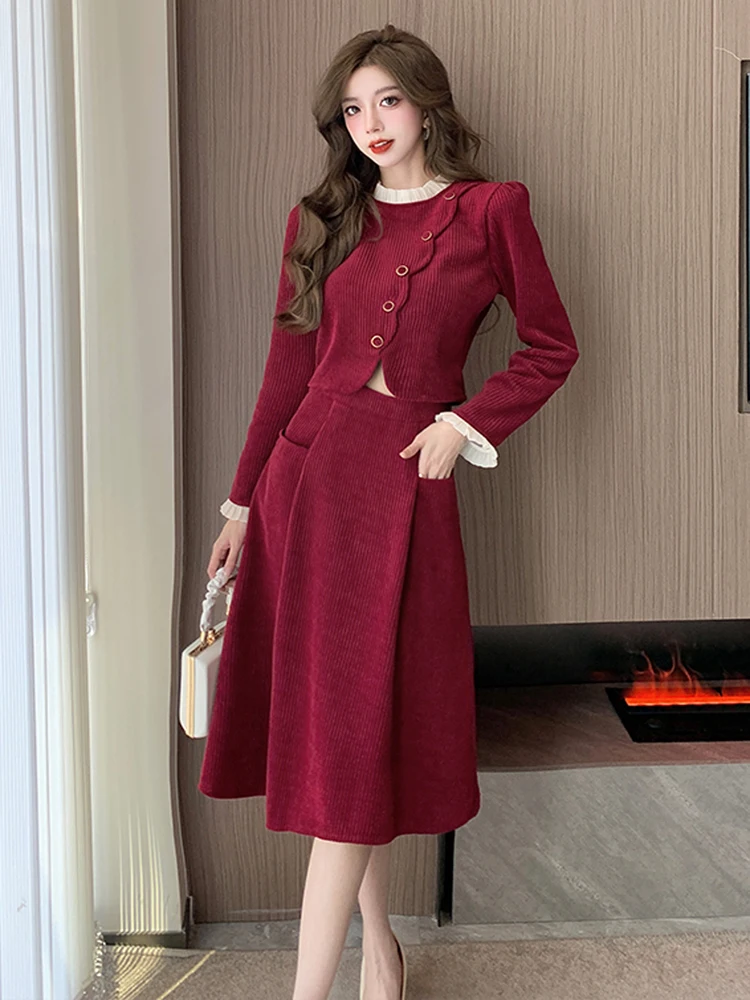 Fashion Autumn Long Sleeve Corduroy Two Piece Set For Women O Neck Chic Single Breasted Slim Short Coat + A Line Midi Skirt Suit