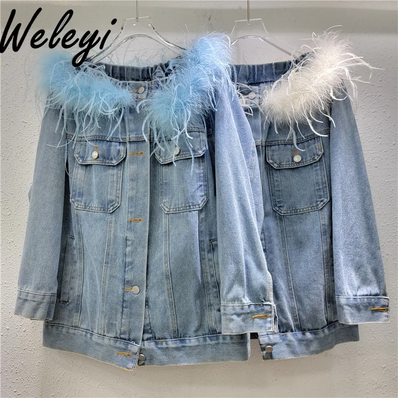 

Women's Denim Coat Slash Neck Long Sleeve Off Shoulder Spliced Feathers Causal Jackets 2025 New Spring Fashion Jean Jackets