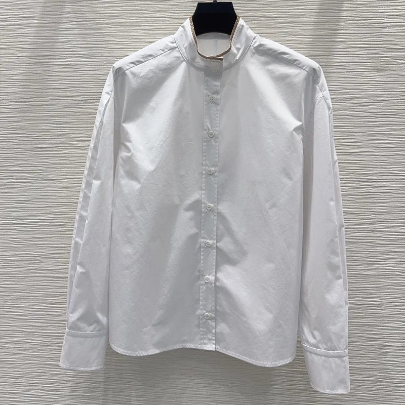 

High-quality women's pure white long-sleeved shirt - minimalist style, elegant, capable and intelligent blouse 25101177