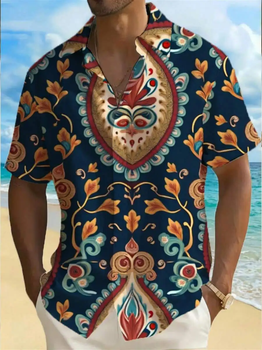 

Mens Hawaiian Shirt With Ornate Floral Pattern Casual Short Sleeve Button Up Summer Beach Wear