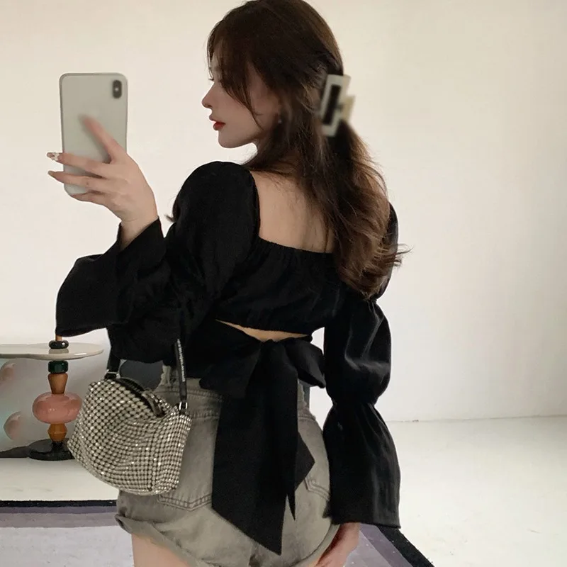 Women Korean Version Square Collar Bow Bandage Sweet Navel Exposed Chiffon Long Sleeves Shirts Blouse