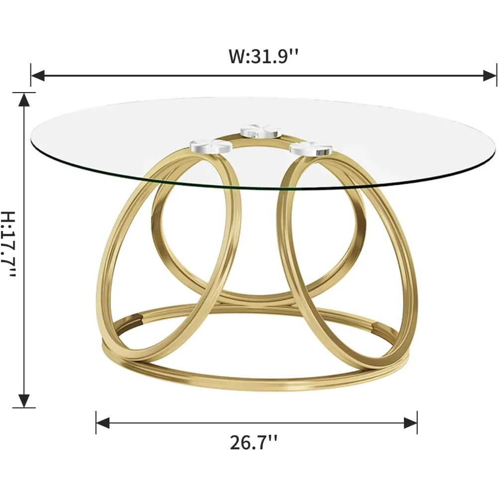 Gold Coffee Table, Modern Round Glass Coffee Table for Living Room with Ring-Shaped Frames, Gold Glass Table for Home&Office