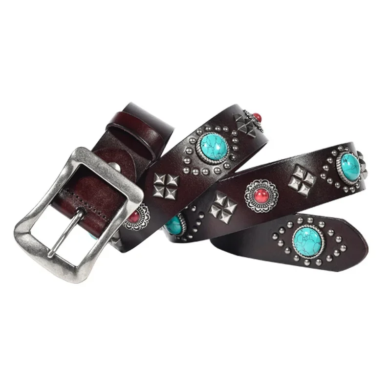 Designer Men Fashion Punk Hip Hop Rivets Belts Round Rhinestone Studded Retro Belt Original Leather Waistband Womens P110