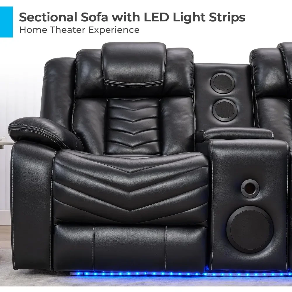 Power Recliner Sectional Sofa Couches with Bass Speakers for Living Room, Leather Reclining Corner Sectionals Sofa Couch Sets