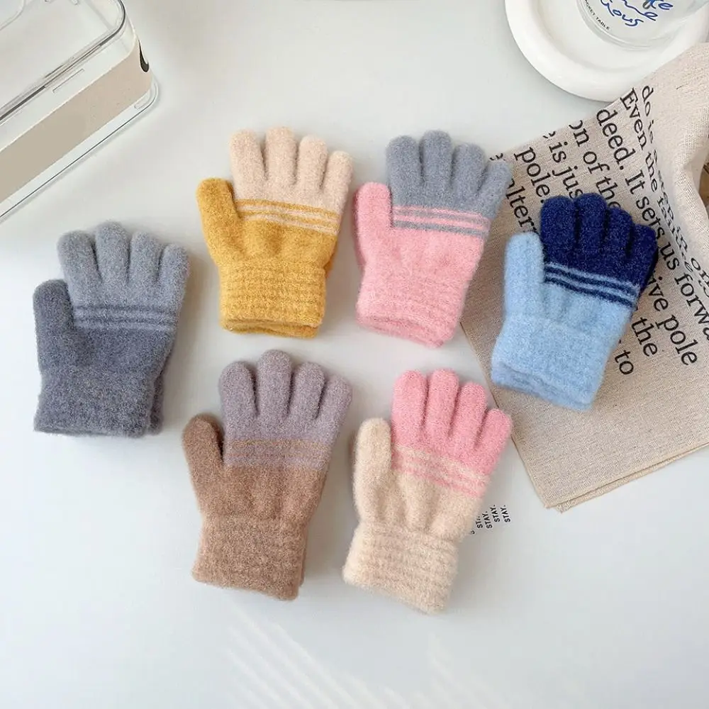 New Contrast Stripes Kids Gloves Windproof Thickening Knitted Thermal Gloves Winter Warm Outdoor Sports Full Finger Mittens
