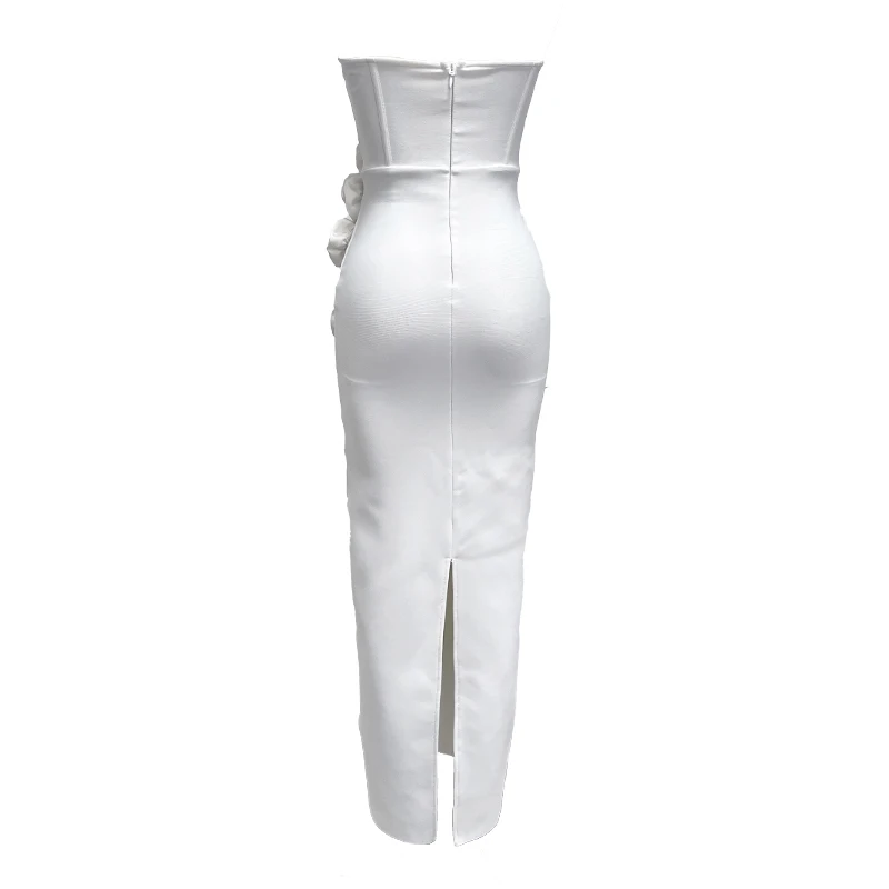 Nieuwe Collectie Witte Kleur Vrouwen Sexy Bloemen Strapless Bodycon Mid-Kuit Bandage Jurk Vieren Vakantie Verjaardagsfeestjurk