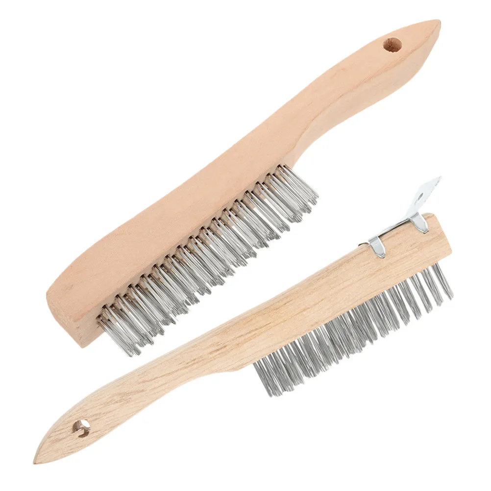 2Pcs Ergonomic Wood Handle Steel Wire Brush Rust Removal Tool Paint Scraper Metal Cleaning Brush for Automotive Ship Maintenance