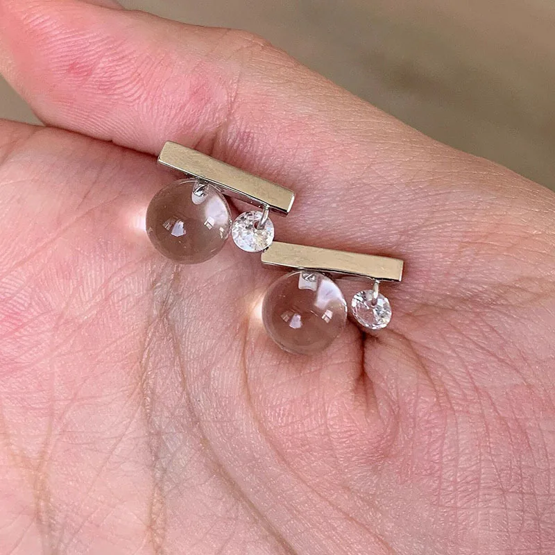 Ice transparent white crystal round beads balanced earings stud fresh high-end glossy earrings for women party jewelry gifts