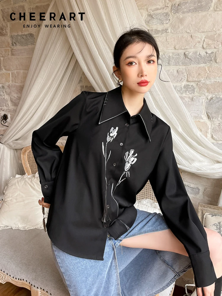 CHEERART Black Floral Embroidered Shirt For Women Spring 2022 Long Sleeve Top Button Up Collared Shirt Blouse High Fashion