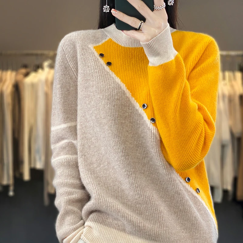 

Autumn and winter new women's 100% merino wool round neck sweater knitted pullover color matching buttons warm and thick