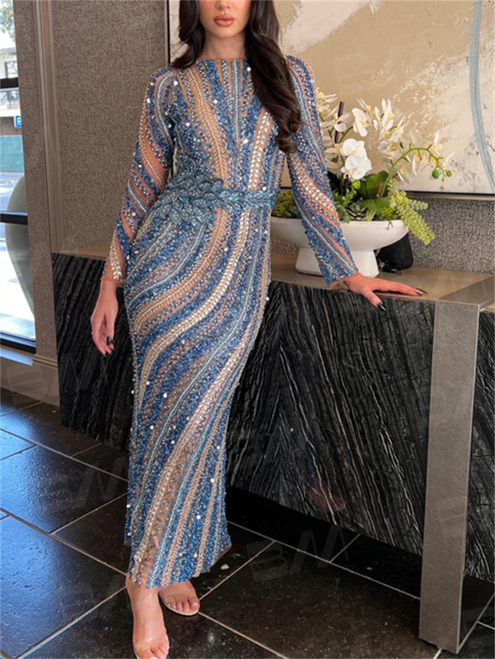 Blue Beaded Sheath Formal Occasion Dress Long Sleeve Prom Elegant O Neck Sexy Illusion Luxury Women Customized Maxi Party Gown