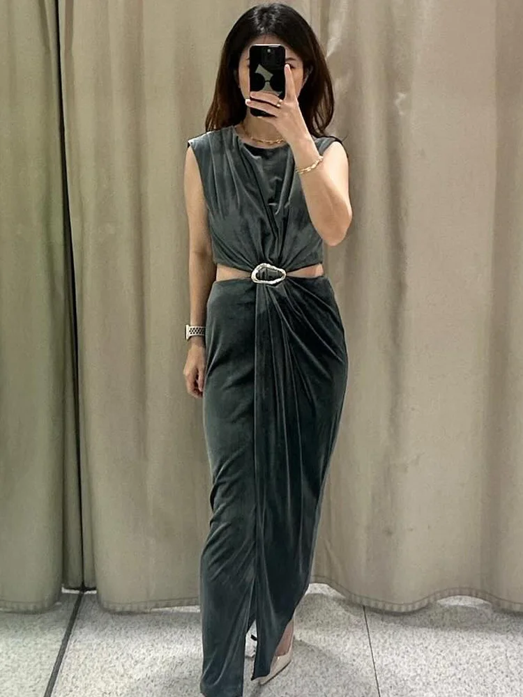 

TRAFZA Women Fashion Sexy Solid Velvet Buckle Decorate Sleeveless Midi Dress Female Elegant Hollow Zipper High Street Dress