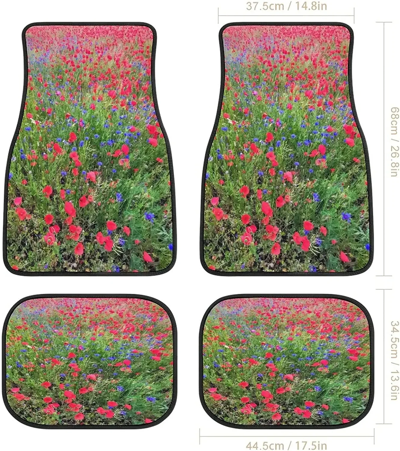 Flower Poppy Field Car Mats Front&Rear 4-Piece Full Set Carpet Car SUV Truck Floor Mats with Non Slip Back