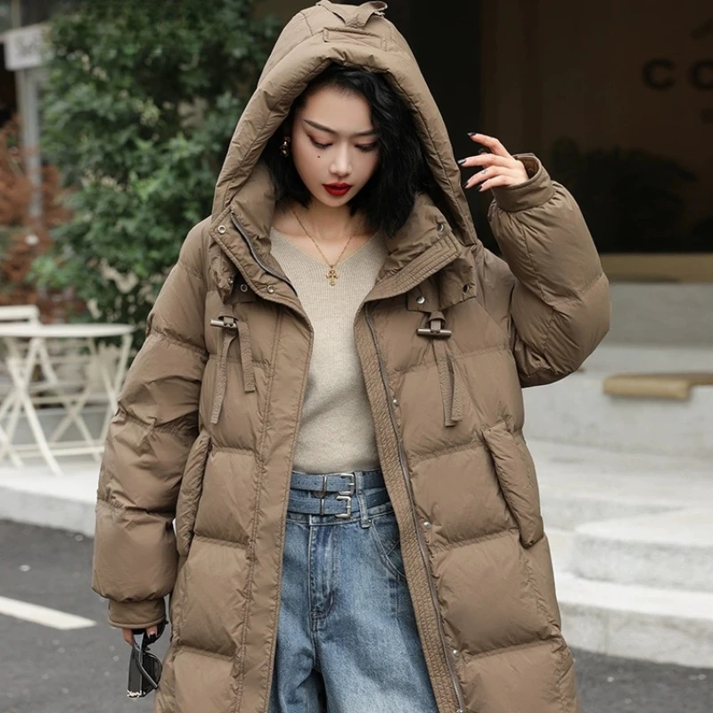 Mid-length Hooded Down Jackets with Pockets for Women, Casual Parka, Windproof, Thickened Warm Loose Coats Korean Fashion Winter