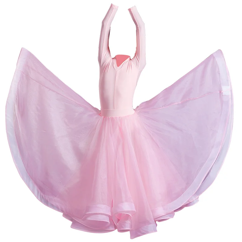 Nieuwe Latin danskostuums meisjes prestatiekostuums roze ballroom dansvoorstelling kostuums moderne dansrokken met lange mouwen