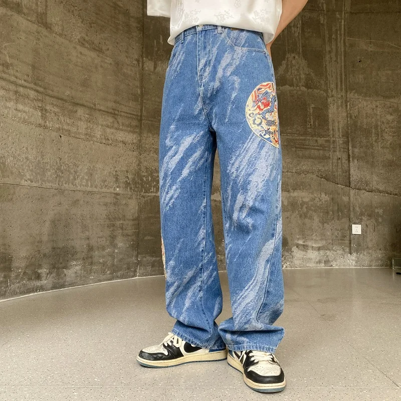 

Новые мужские джинсы 2025 года в китайском стиле, с вышивкой, повседневные, длинные, с высокой талией, прямые, свободного кроя, на все сезоны, модные