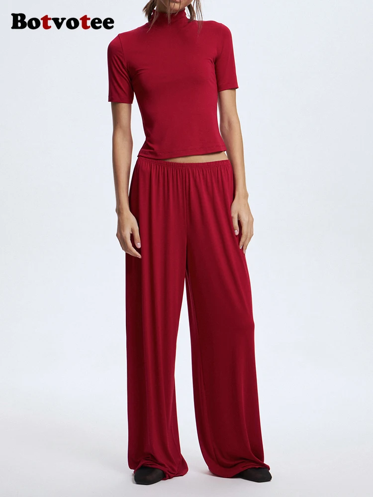 

Botvotee Summer Red Womens Two Peice Sets Modal Soft Short Sleeve T Shirts and Wide Leg Loose Style Causal Pants Black Camel Set