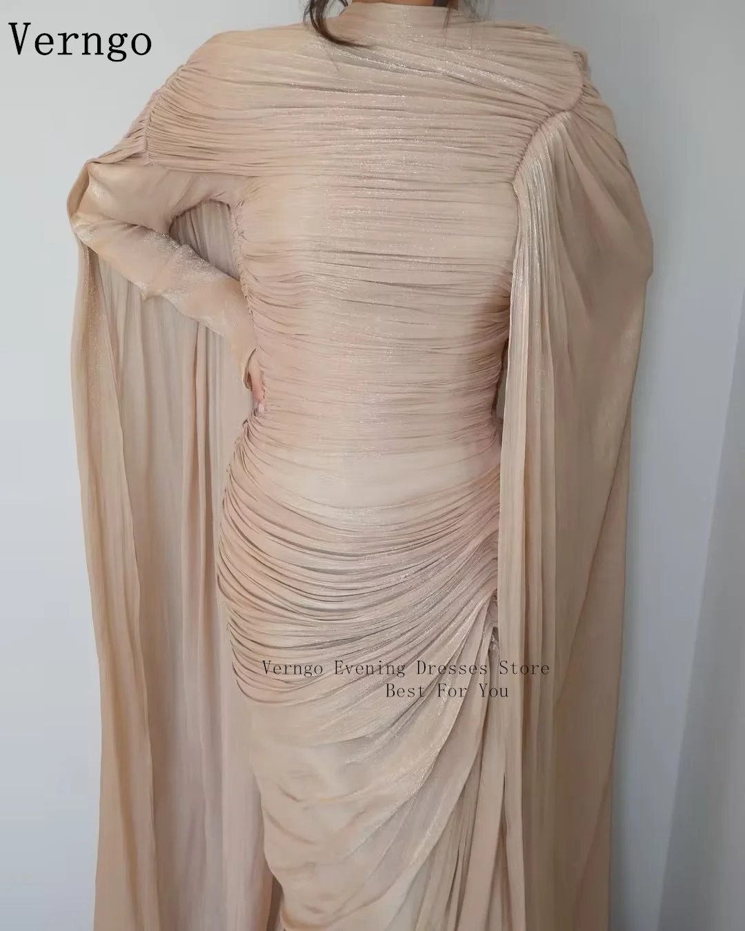 

Verngo Champage Shiny Chiffon Evening Dress High Neck Full Sleeves A Line Modest Prom Gowns Women Party Dress Customized