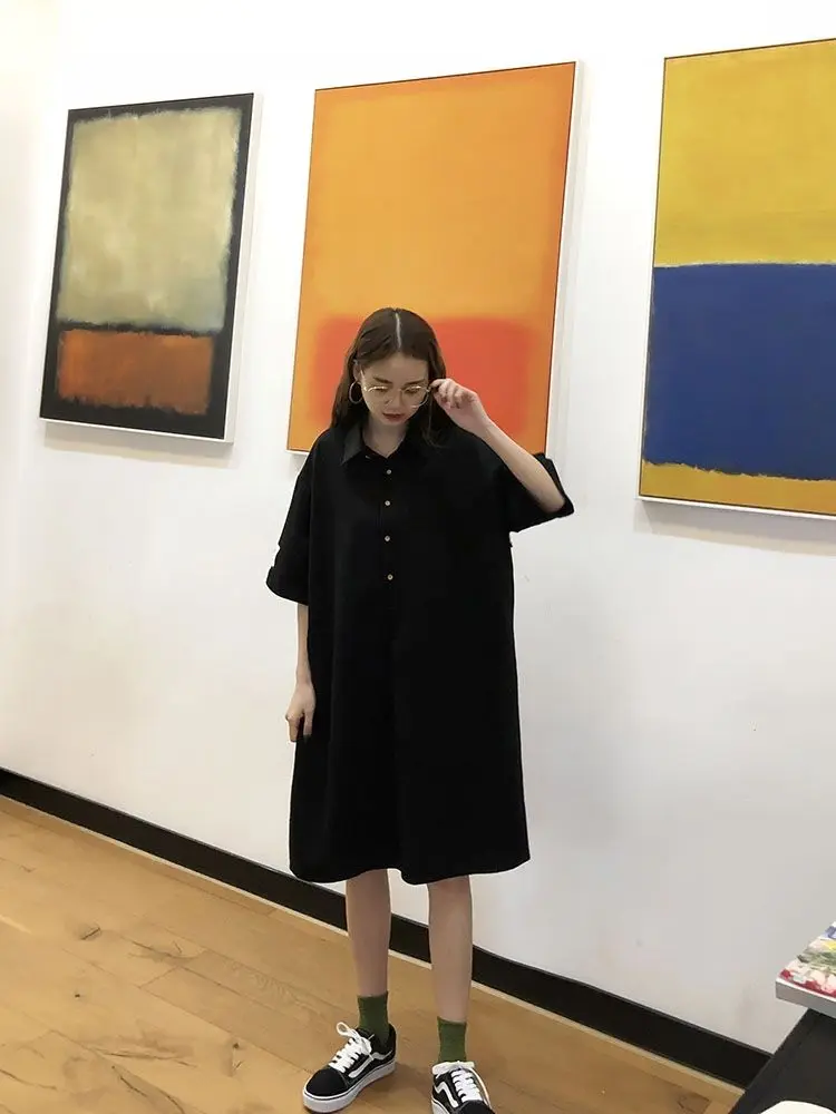 T-shirt d'été pour femmes, grande taille, Dr ort Sve Midi Dr Bla, longueur aux genoux, col irt, coupe confortable