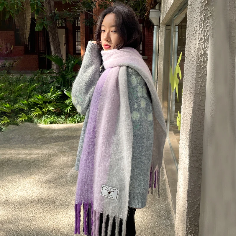 ELFSACK Warm Dopamine Color Block Rainbow Fringe Scarf For Women