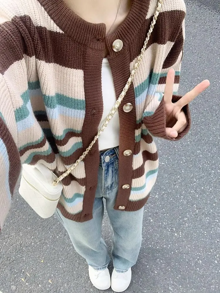 College Style Retro Striped Sweater Cardigan Jacket for Female Students Small and Sweet Forest Style Milk Knit Sweater Top