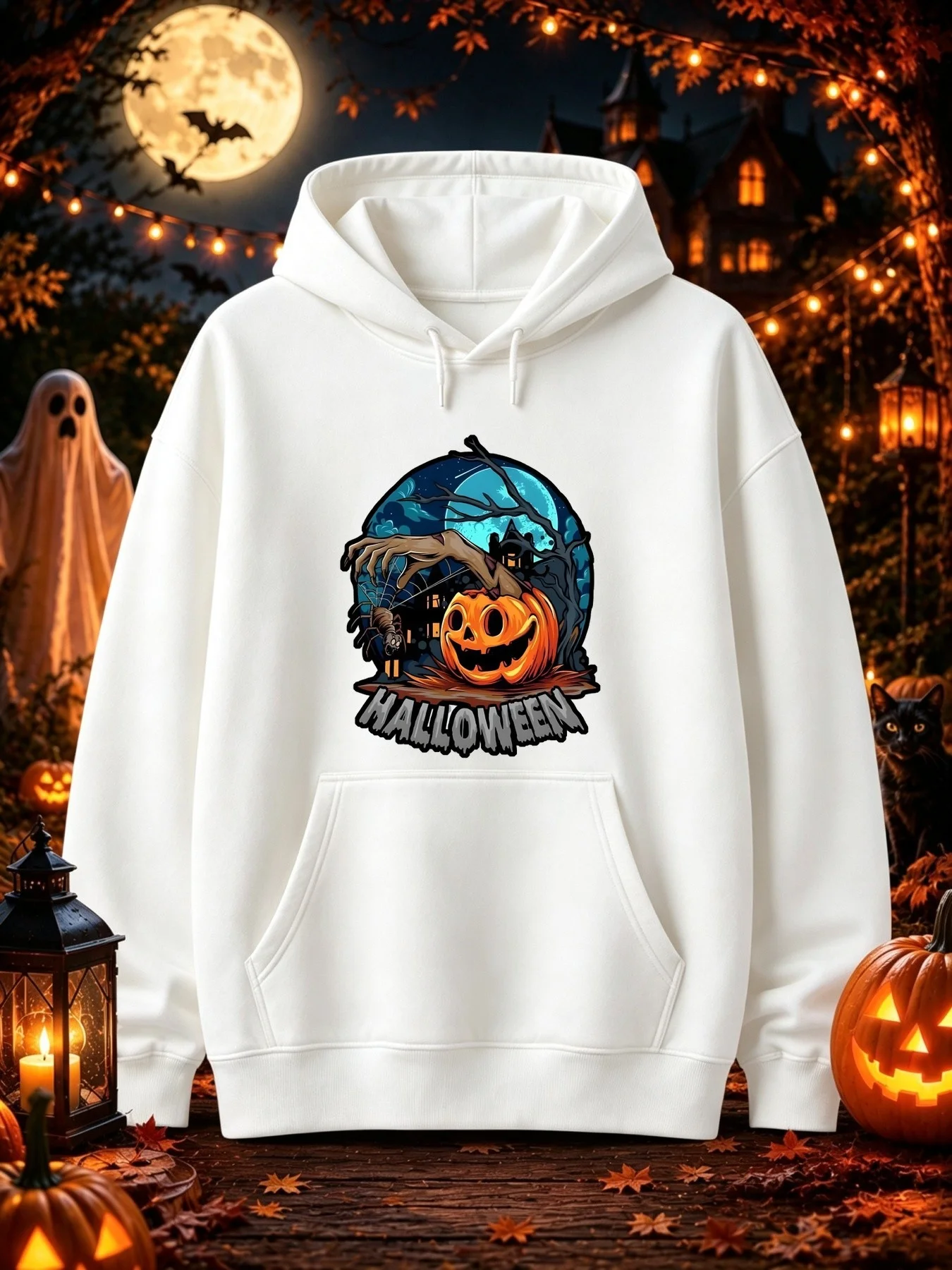Men's Print Hoodie with A Halloween Theme Featuring Grinning Jack-o-lanterns, Zombie Hands, Haunted Houses, Spiders, Bare Trees, Moonlit Night Scenes, and HALLOWEEN Text Design