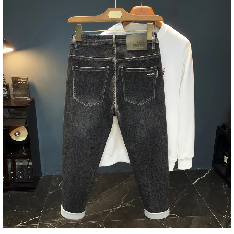 

Потертые черные джинсы, мужские осенние трендовые новые эластичные мужские брюки с вышивкой, маленькие брюки