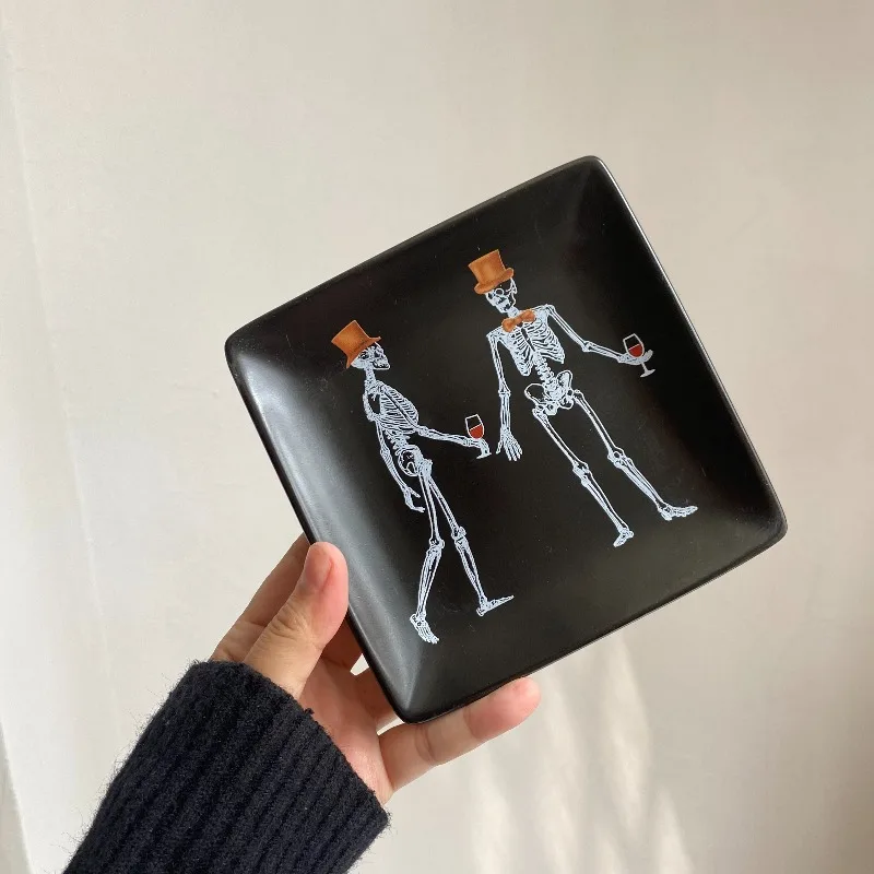 Halloween Skeleton Printed Black Square Ceramic Plate,Gothic Style Skeleton Dinner Plate,Holiday Party Desktop Decoration Plate
