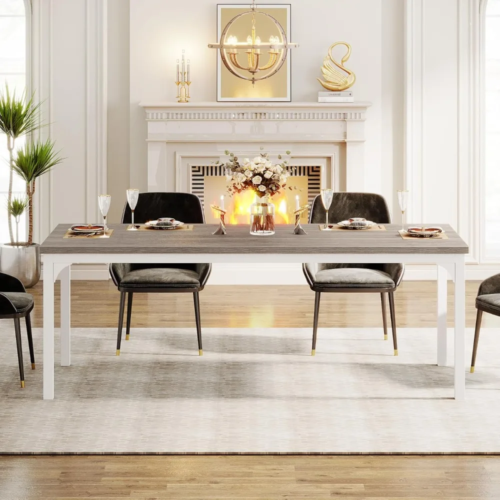 Rectangular Wooden Dining Table for 6-8 People with Sturdy Metal Legs, 70.9 Inch Industrial Style Kitchen Table