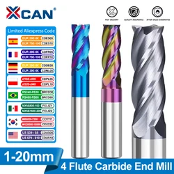 XCAN-fresadora de 4 ranuras, brocas de 1-12mm, molino de extremo de carburo HRC 55, máquina CNC recubierta de TiALN, herramientas de fresado, molinos de extremo