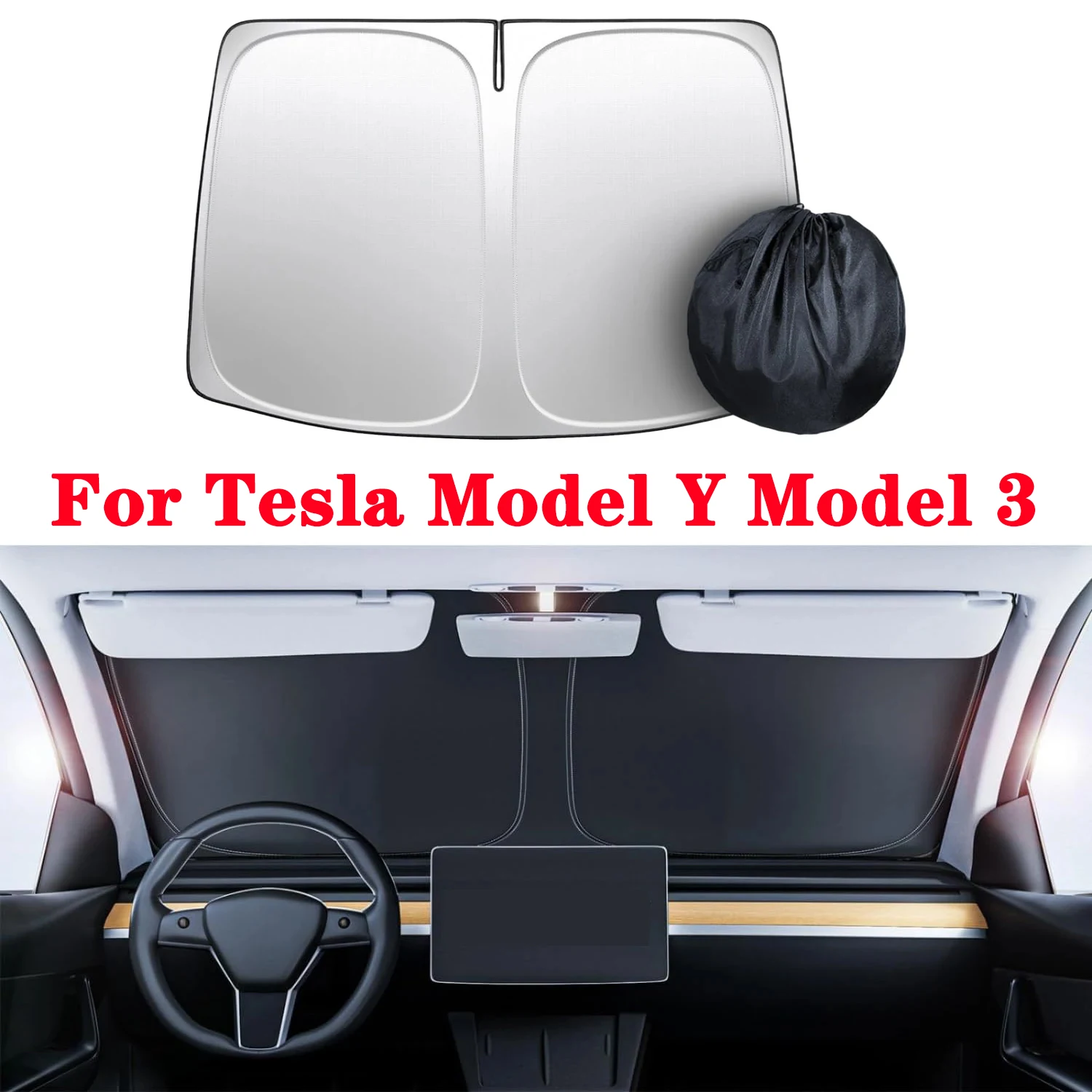 Upgraded Foldable Windshield Sunshade For Tesla Model Y Model 3 Highland 2024-2017, Sun Shade Improved UV Protection with Bag