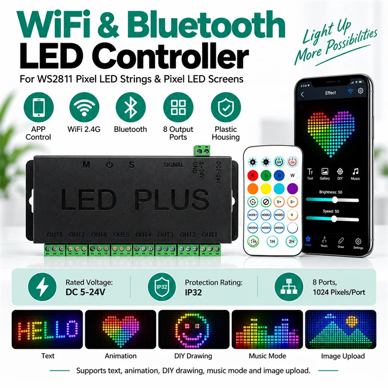 LED Bluetooth WIFI Programmable 2.4G28 Key Colorful WS2811 Music 8 Ports * 1024 LED Light Controller