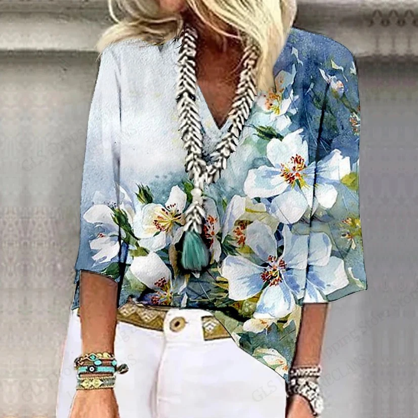 2025 여름 새로운 여성 티셔츠 꽃 꽃 3d 인쇄 Tshirt 여성 패션 v 넥 짧은 소매 오버 사이즈 탑 티 여성 의류