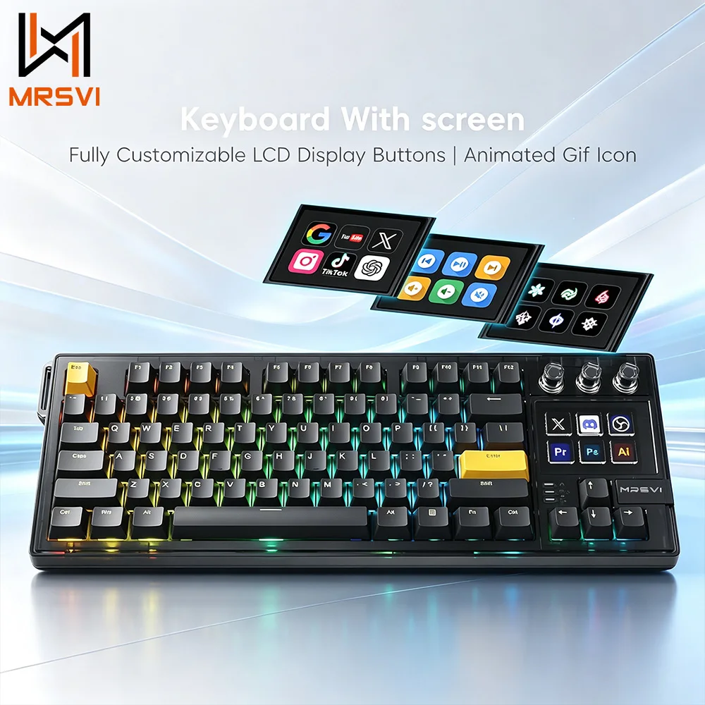 MRSVI K1 PRO V-K87 Mechanical Gaming Keyboard RGB Keyboard Hot Swappable Red Switch LCD Macro Pad Programmable Keys Transparent