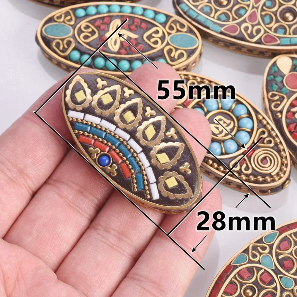 1pcs Big Oval Shape 55x28mm Handmade Nepalese Tibetan Buddhist Brass Metal Clay Loose Beads For DIY Necklace Jewelry Making